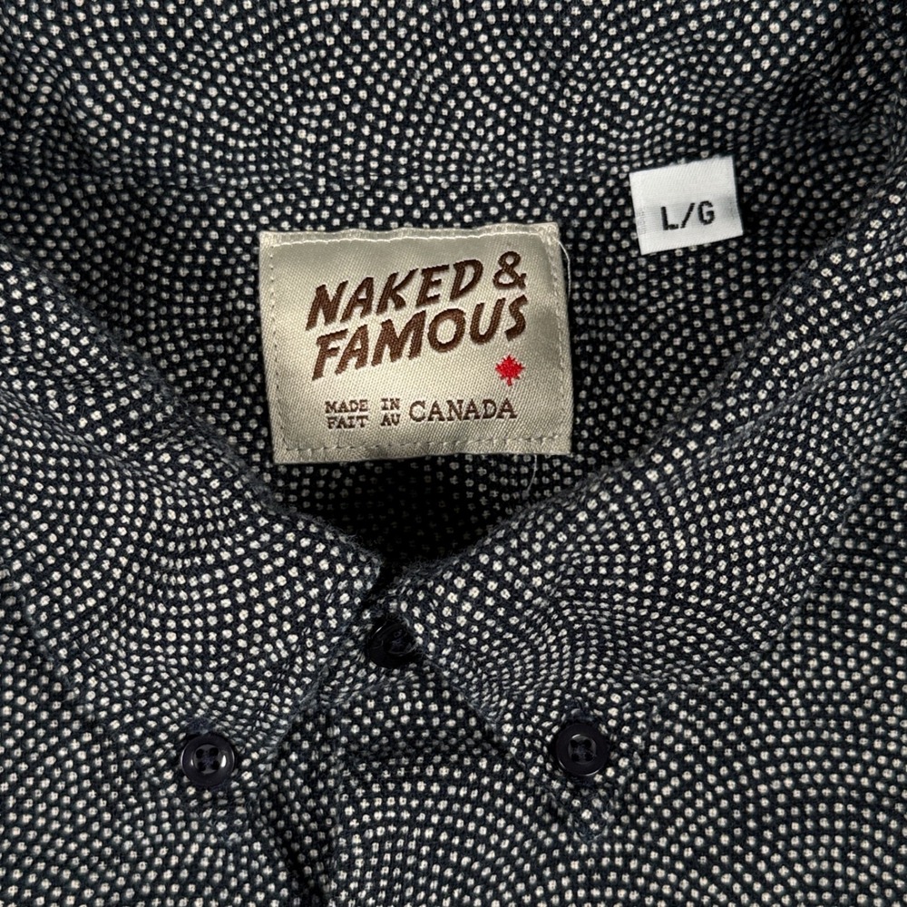 Naked & Famous Shirt Mens Large Black White Dots Woven Japanese Cotton Button Up - Picture 5 of 12